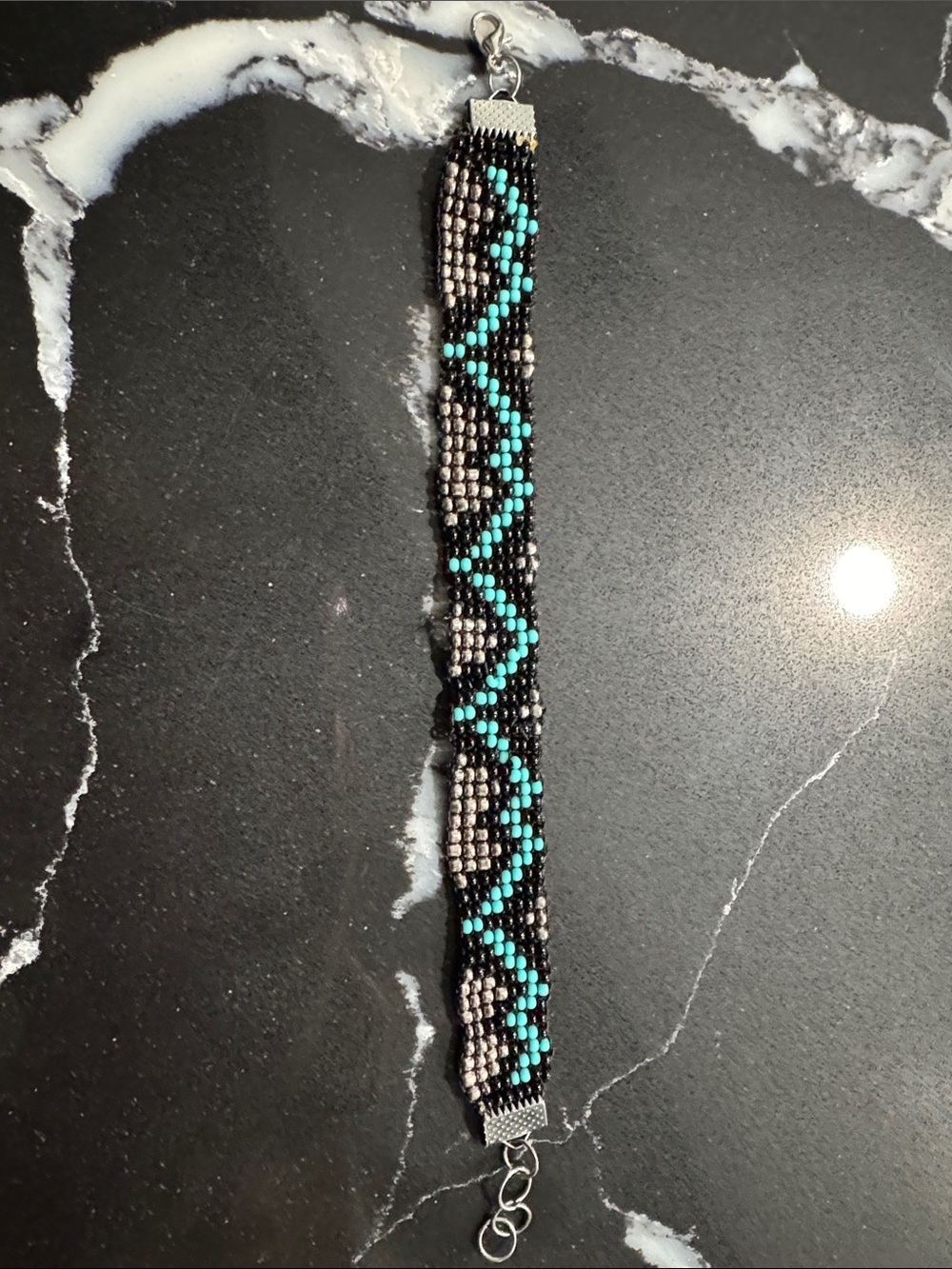 Handmade Beaded Bracelet in Black, Turquoise & Silver